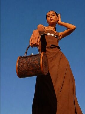 Vintage Floral Embossed Wood Accent Handbag / Decorative Case